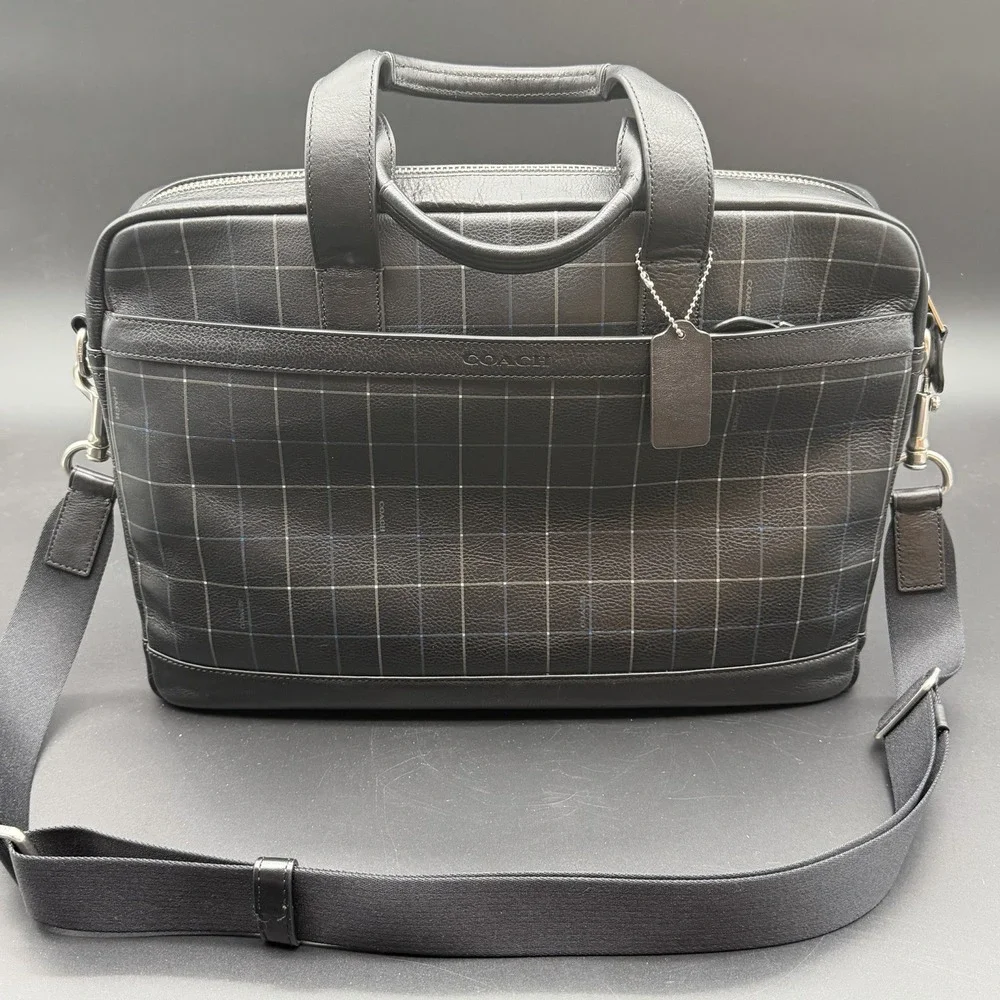 COACH Bag Briefcase Business Men's Leather Black F71561 HUDSON Rare Plaid NWOT